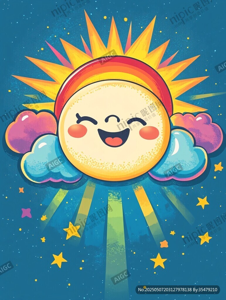 快乐太阳与云朵梦幻插画