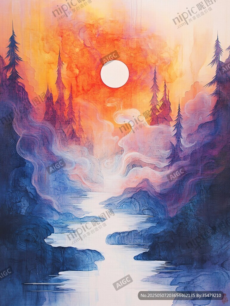 夕阳下的梦幻山林河流