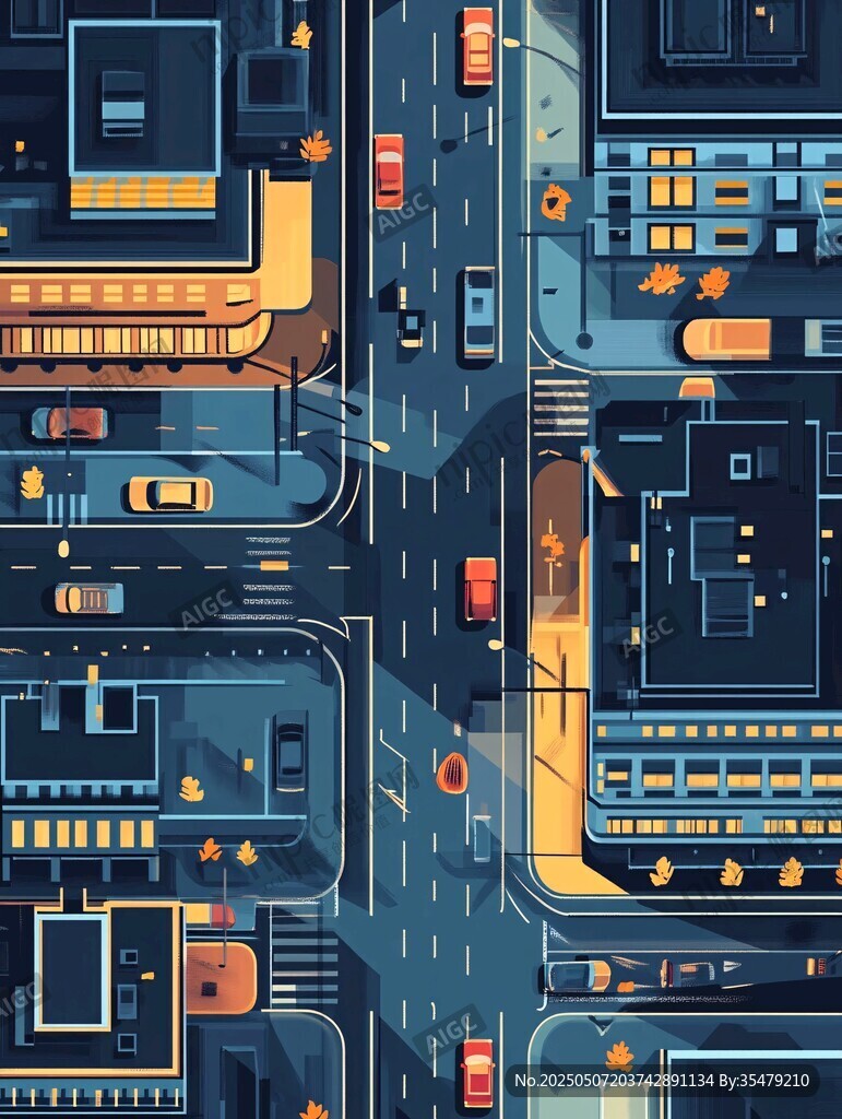 城市街道夜景俯瞰插画
