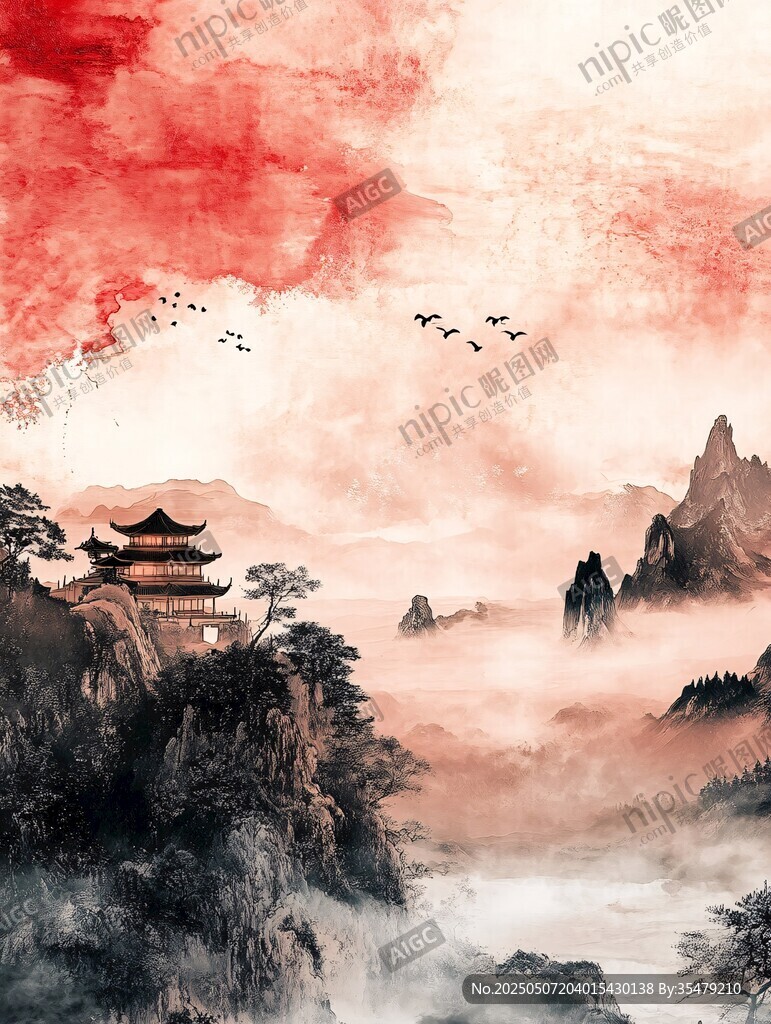水墨山川古亭飞鸟图