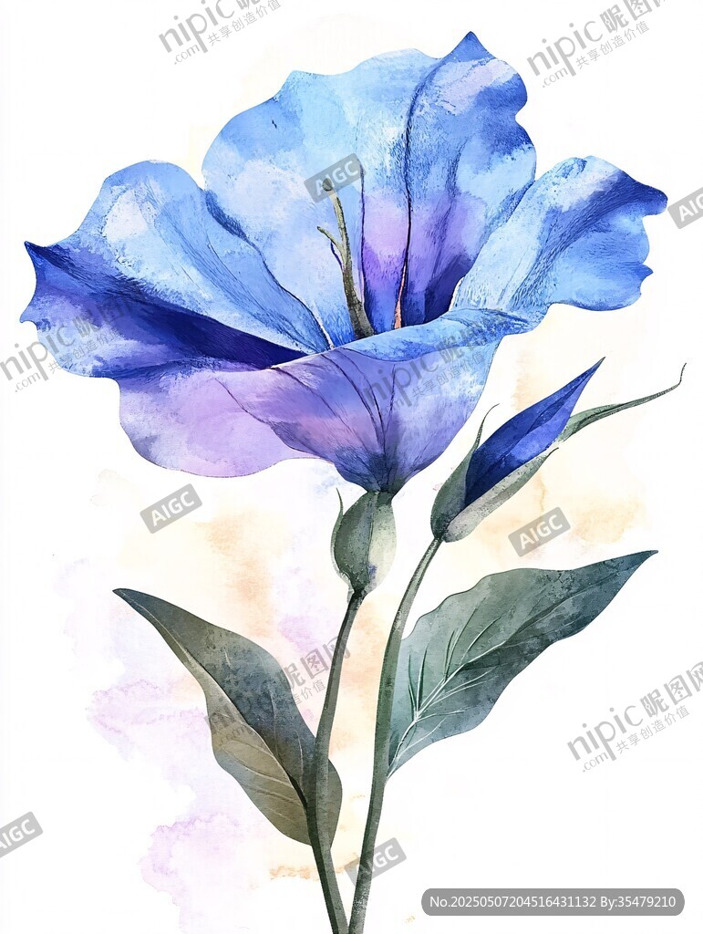 蓝色水彩风美丽绽放花朵
