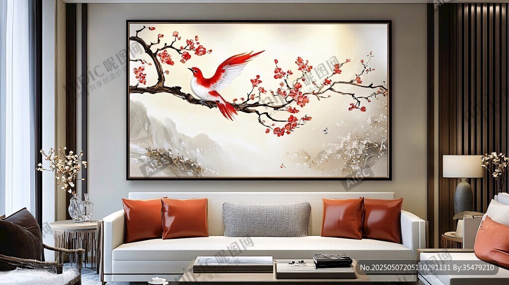 中式客厅中的红梅飞鸟挂画