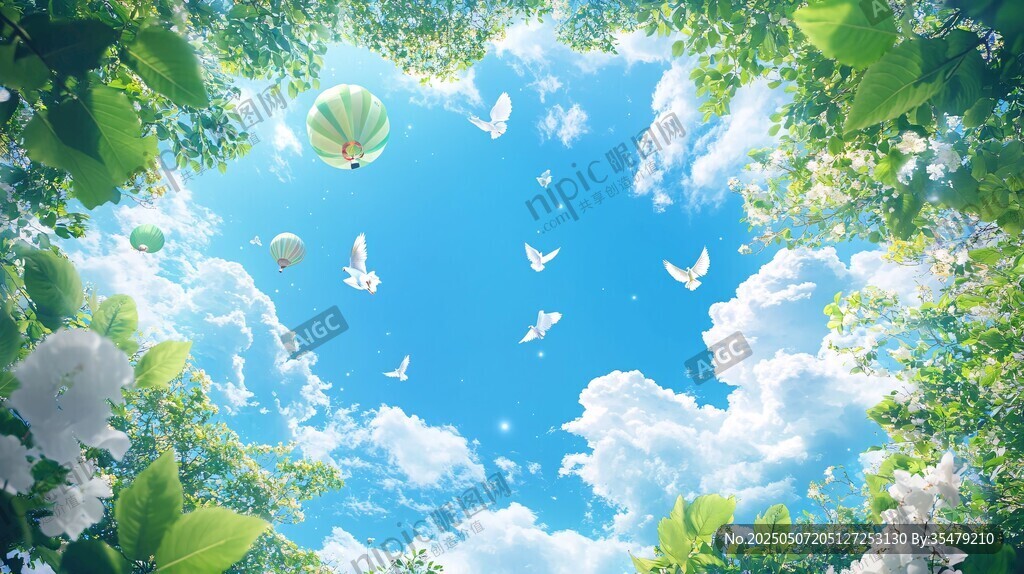 梦幻绿野中的天空与飞鸟
