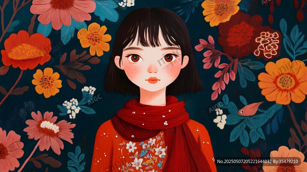 红衣少女置身繁花世界