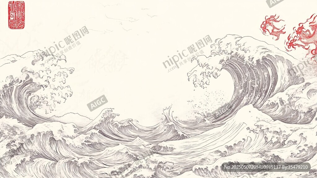 中式海浪图 蛟龙戏浪