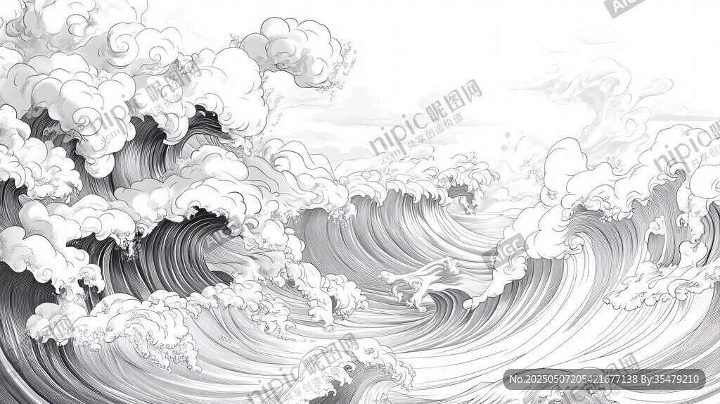 水墨风汹涌海浪图景
