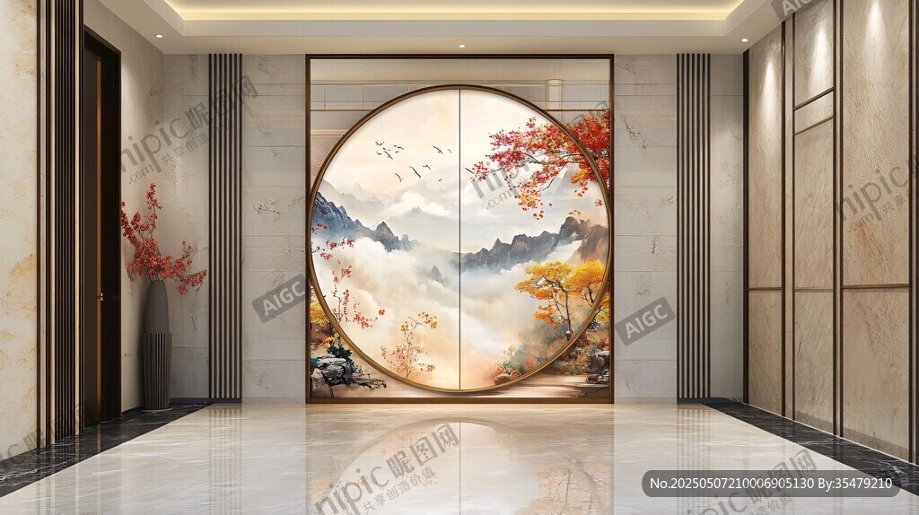 中式玄关圆形山水装饰画