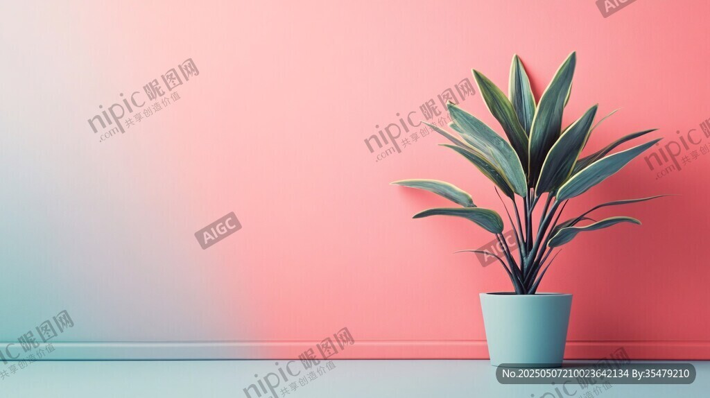 粉色墙边的清新绿植盆栽