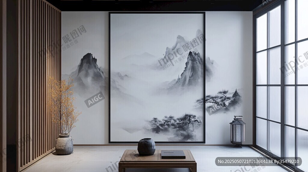 中式禅意茶室山水装饰画