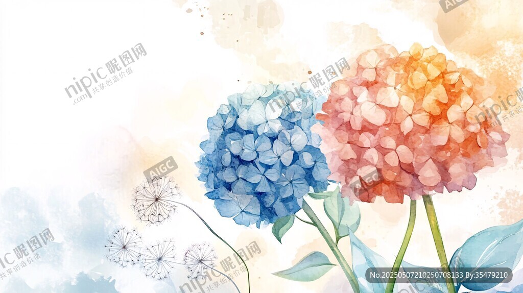 梦幻水彩绣球花插画