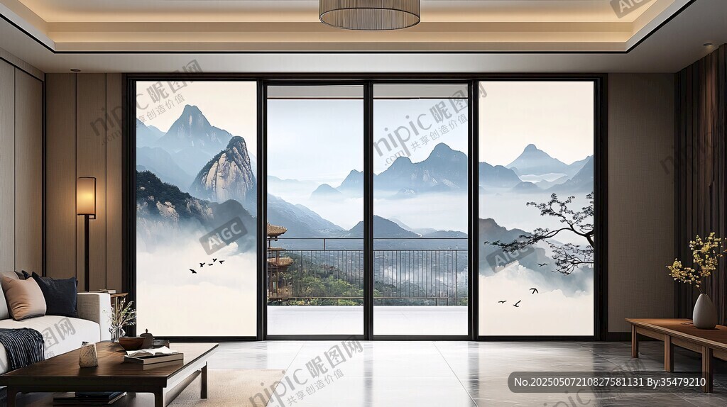 中式客厅外的山水美景