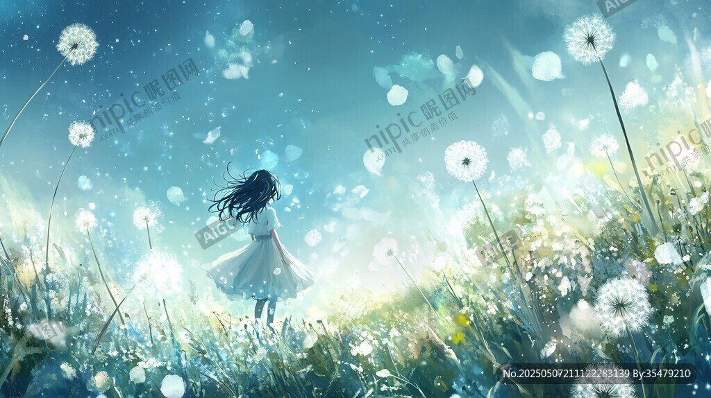 梦幻少女漫步蒲公英花海