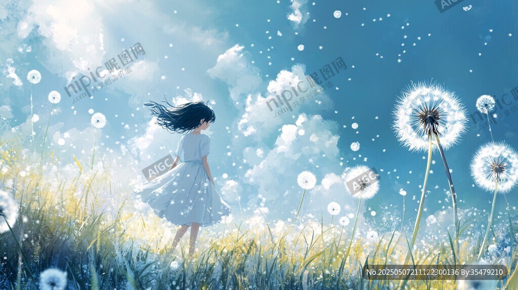 女孩漫步于蒲公英花海中