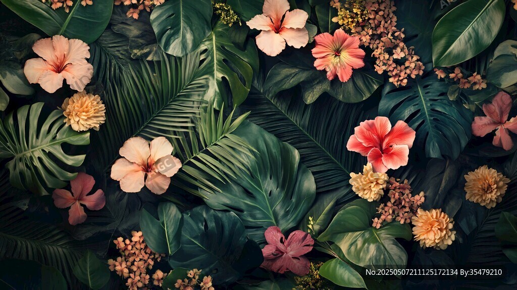 热带花卉与绿叶的梦幻组合