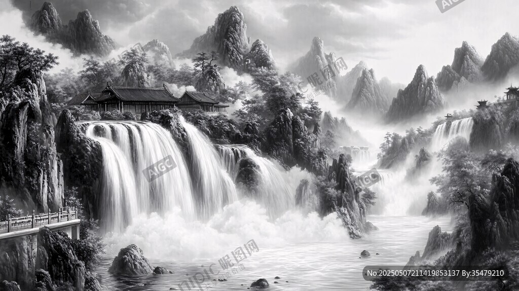水墨山水间的瀑布景致