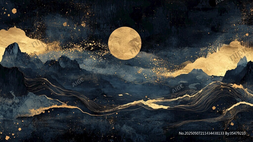 月夜山峦金波奇幻景象