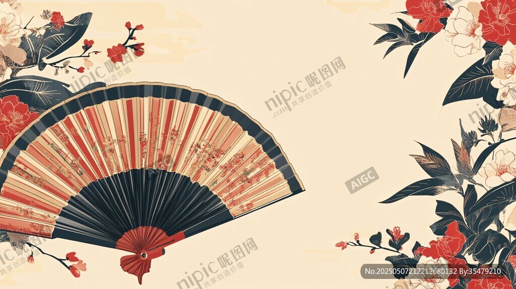 古典折扇与花卉中式图景