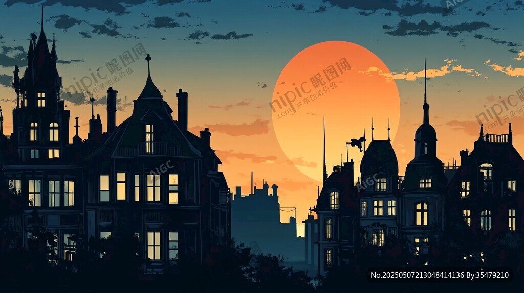 黄昏下的梦幻欧式建筑剪影