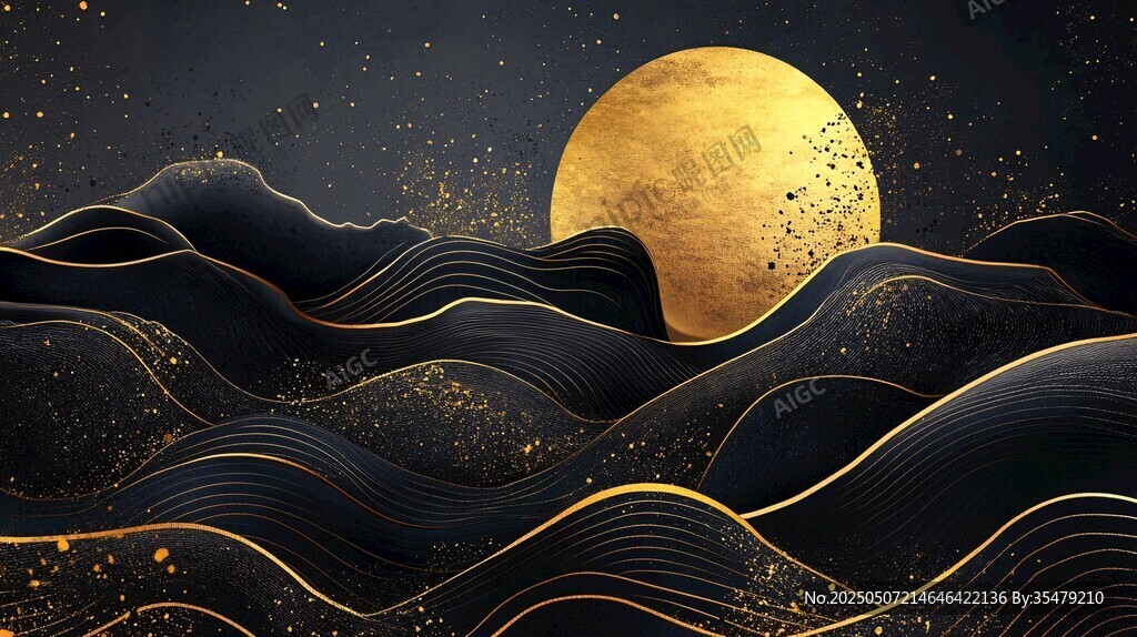 金色月夜下的波浪抽象景观