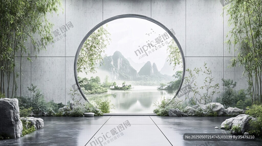 中式圆窗景 山水入画境