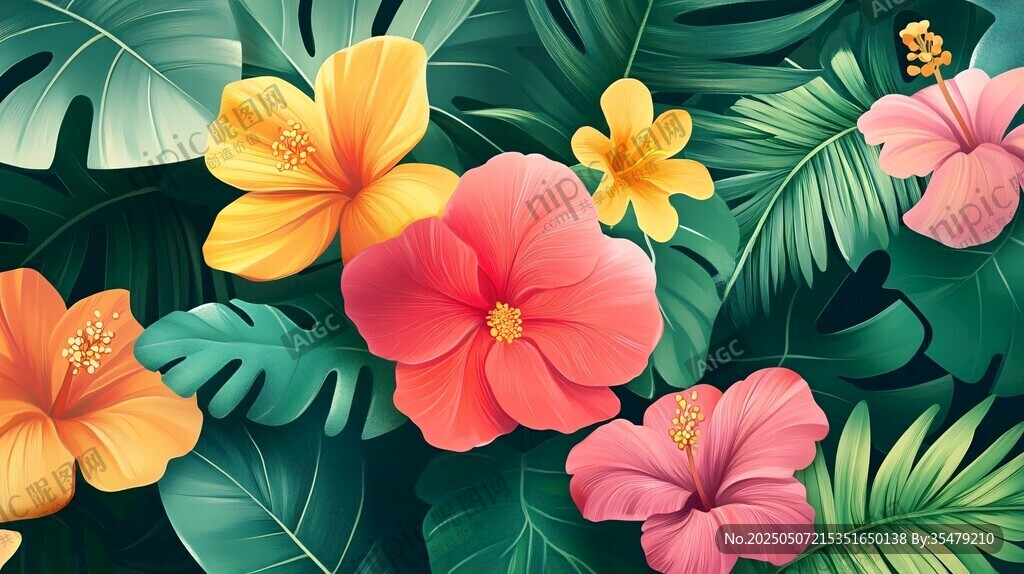 热带花卉与绿叶的绚丽组合