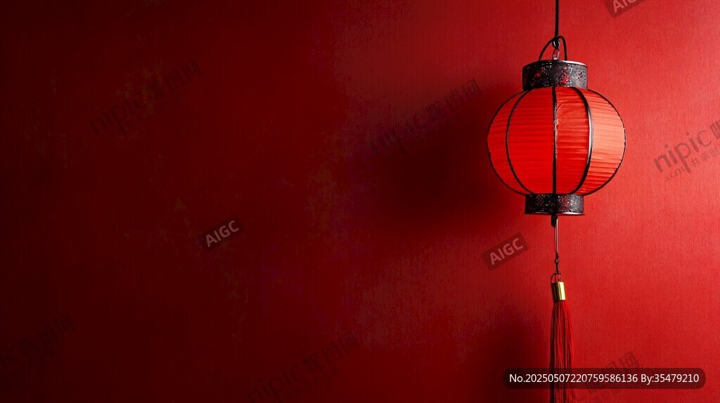 红色墙面悬挂中式红灯笼
