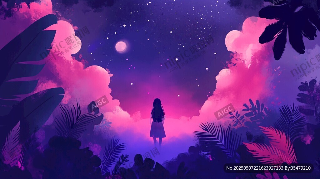 女孩漫步梦幻星空雨林
