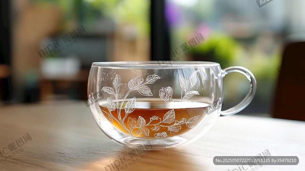 透明花茶杯中的淡雅茶汤
