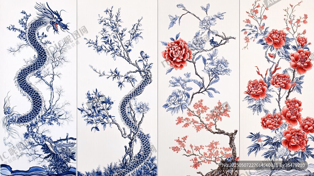 青花瓷龙与花卉图案组图