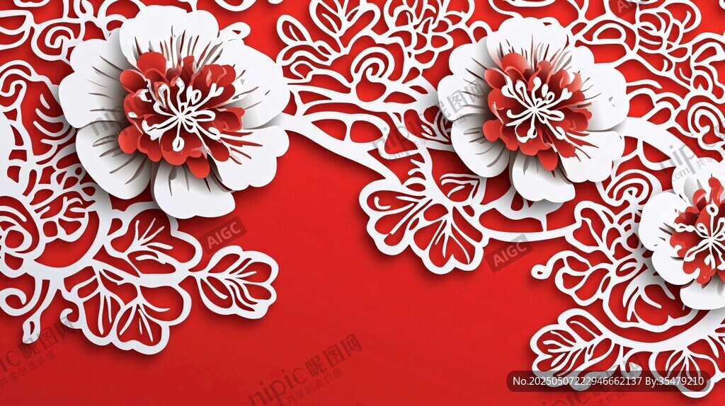 中式剪纸风红白花卉装饰