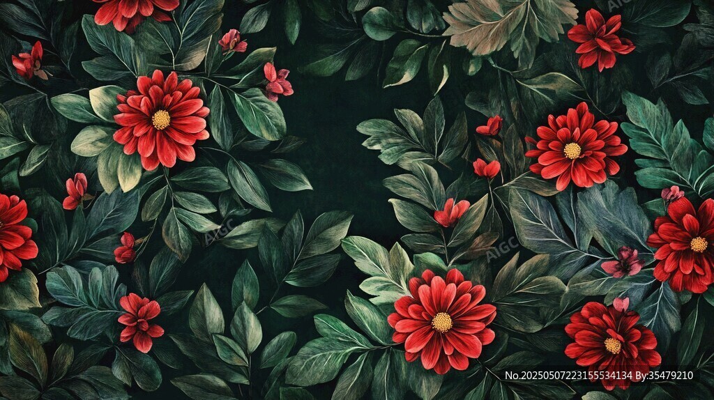深红花卉绿叶无缝图案