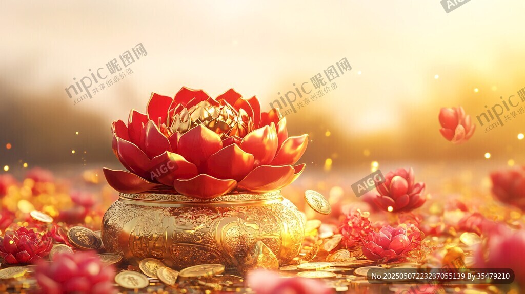 金色莲花聚宝盆散发光芒