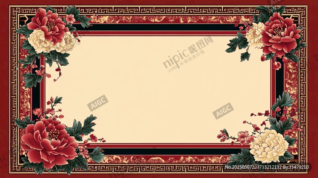 中式牡丹花纹边框装饰图