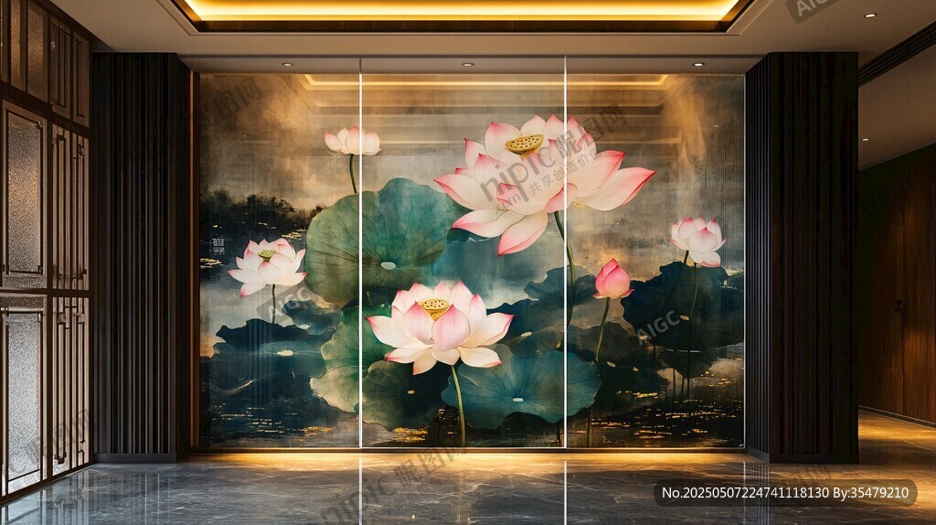 中式荷花艺术背景墙