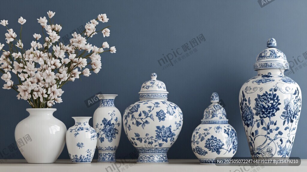 中式青花瓷瓶与插花摆件