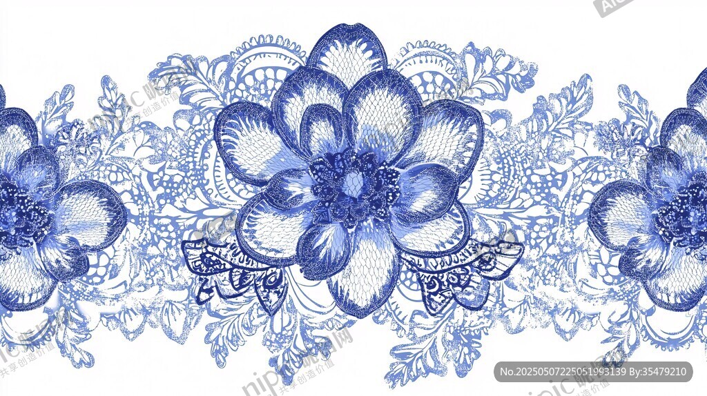 蓝白花卉精致花边图案