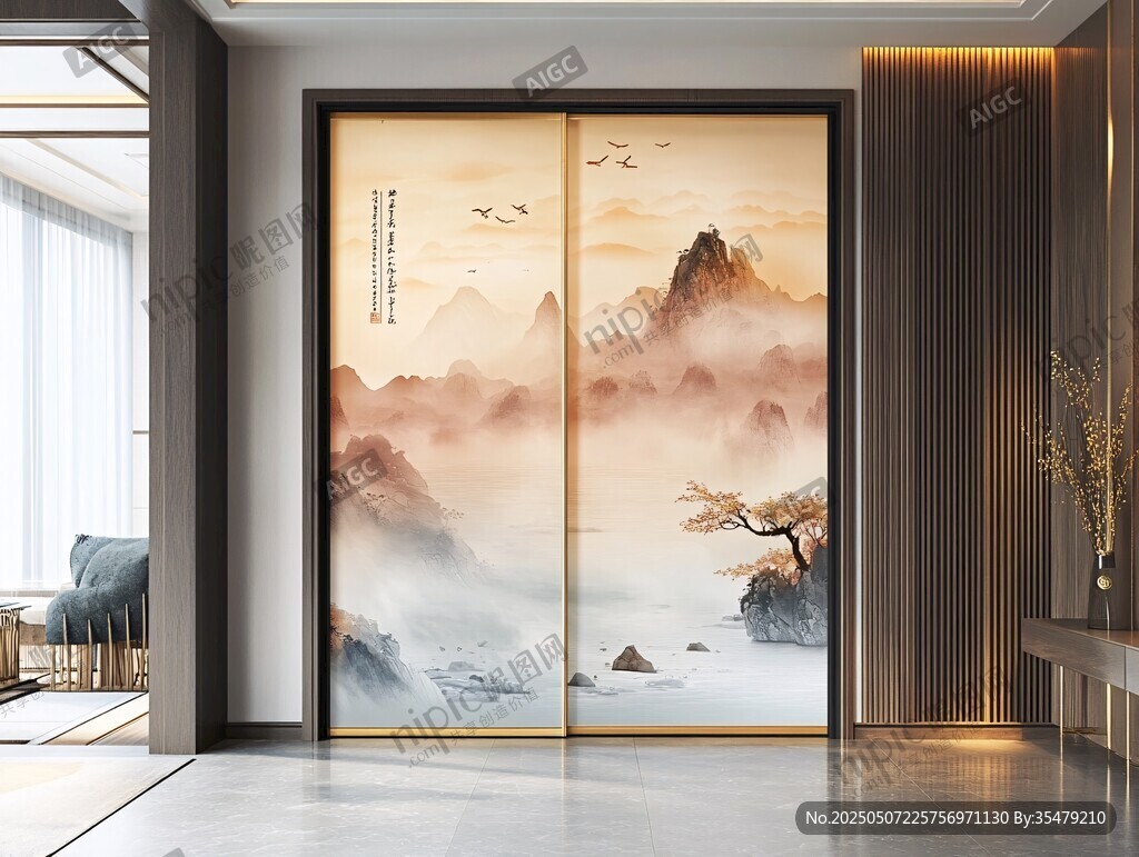中式山水意境移门装饰画