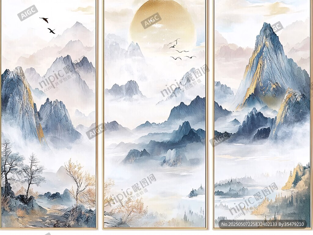 三联水墨山水风景图