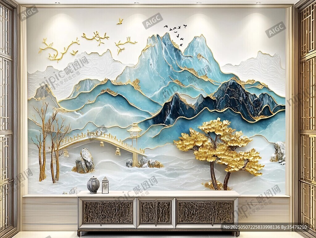 中式立体山水客厅背景墙