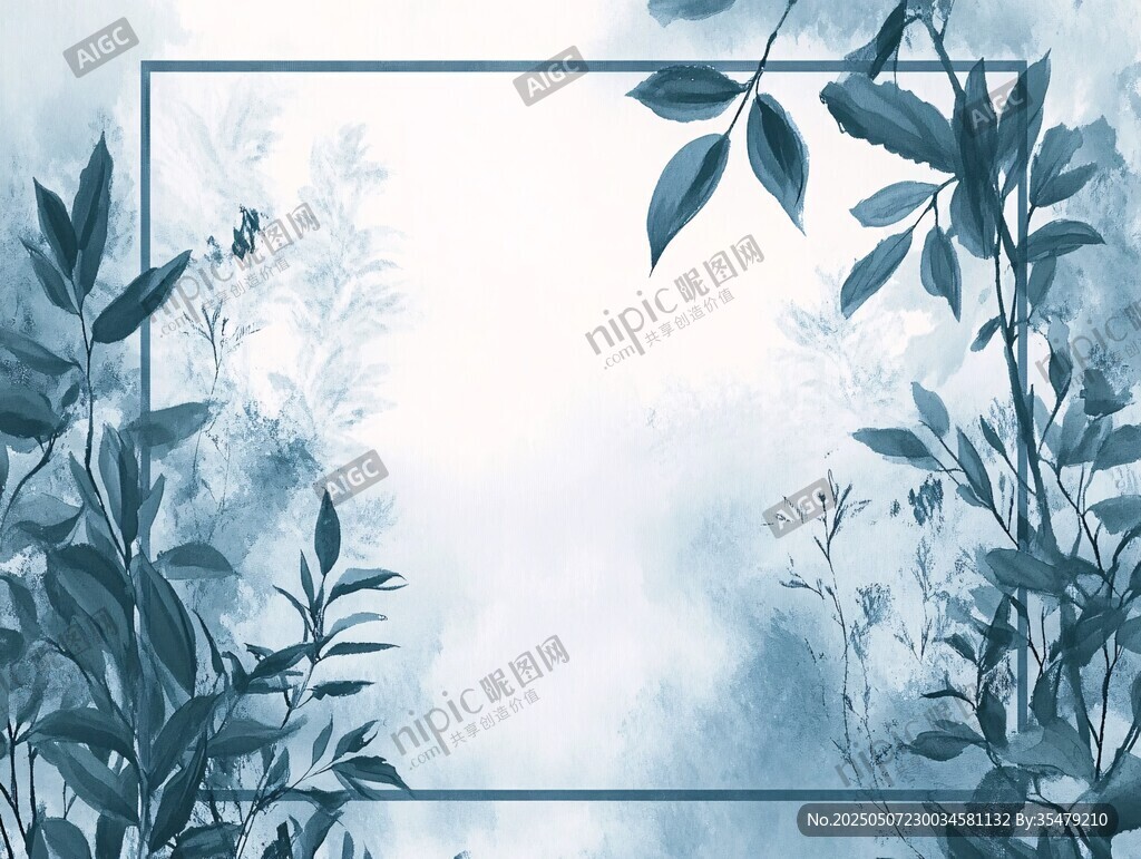 蓝调植物边框背景图
