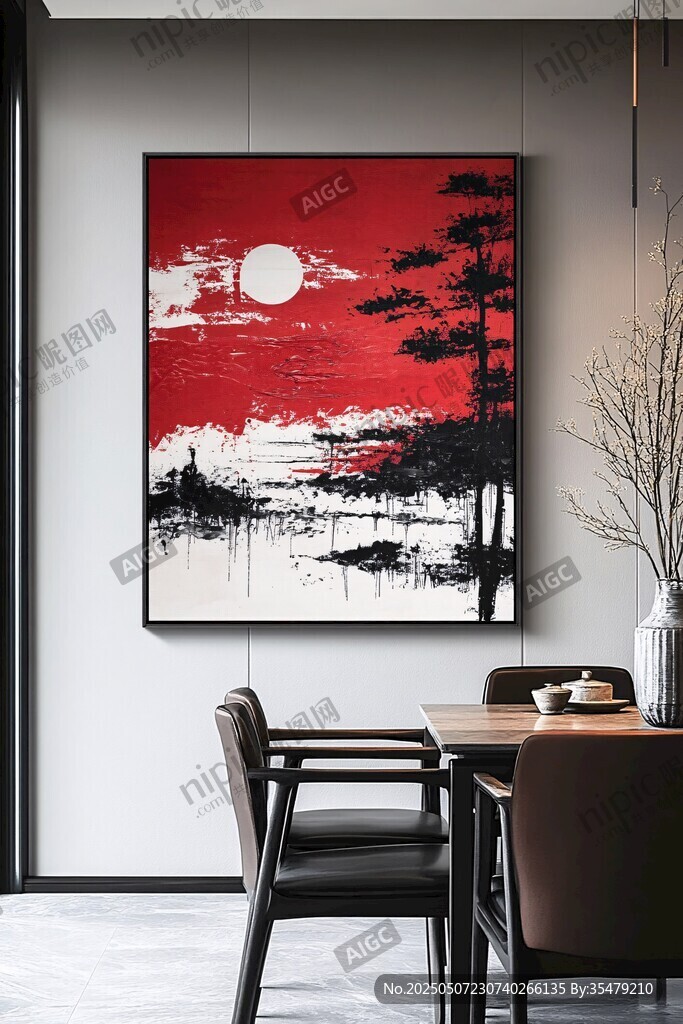 中式红墨山水装饰画