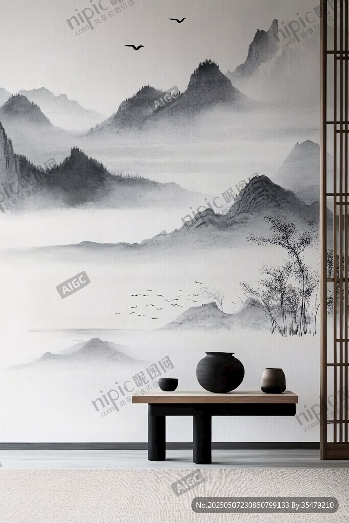 中式山水墙画 雅致茶室景