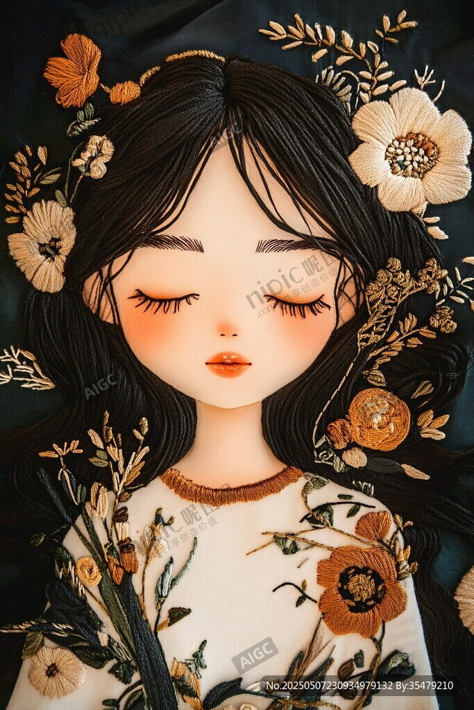 闭眼的花朵少女插画
