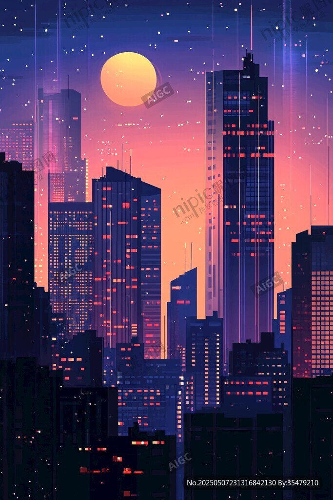 梦幻月夜下的未来都市景观