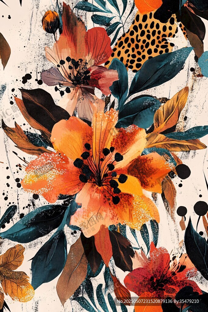 花卉水彩画 豹纹元素融合