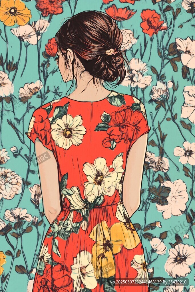 花丛中的红衣女子背影