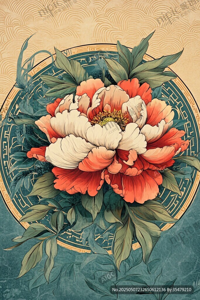 复古风牡丹花卉插画