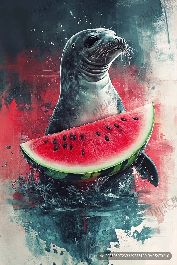 海豹抱西瓜的奇幻水彩画