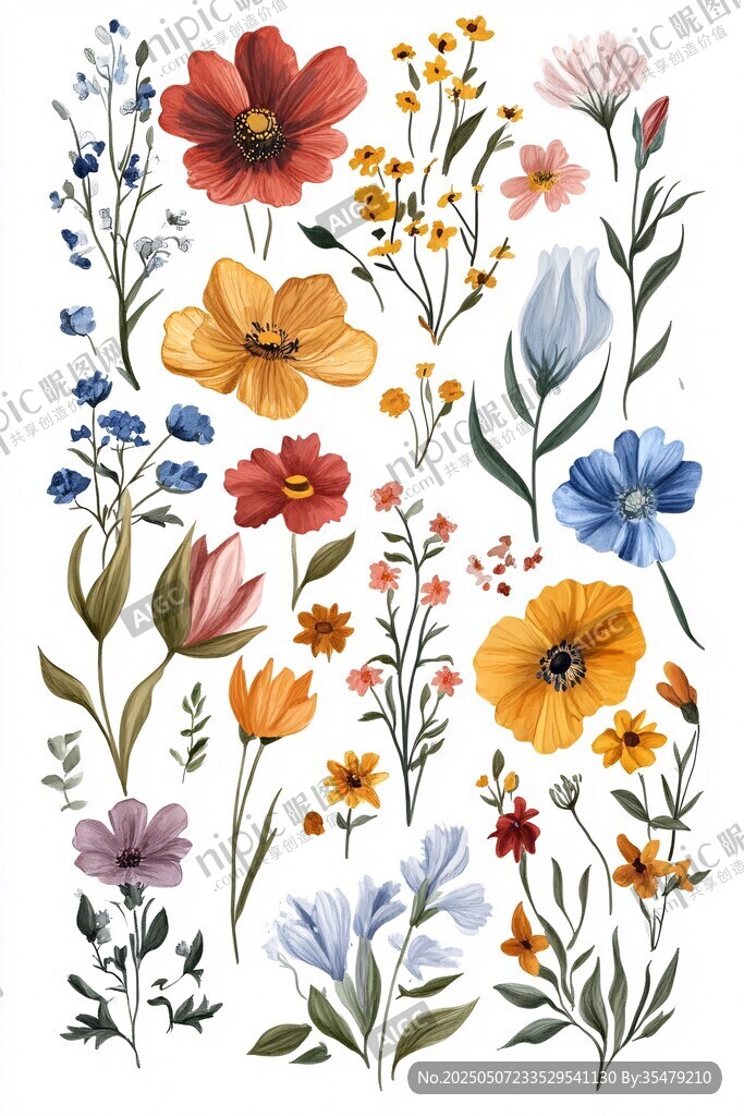 手绘多彩花卉插画集合