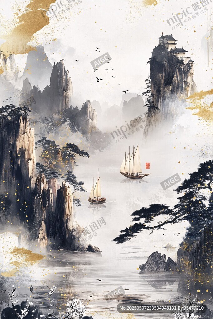水墨山水间 孤帆远影情